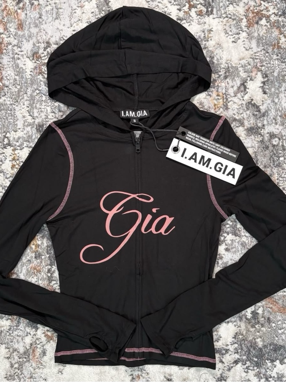 I.AM.GIA Black Zip Hoodie with Pink 'Gia' Script